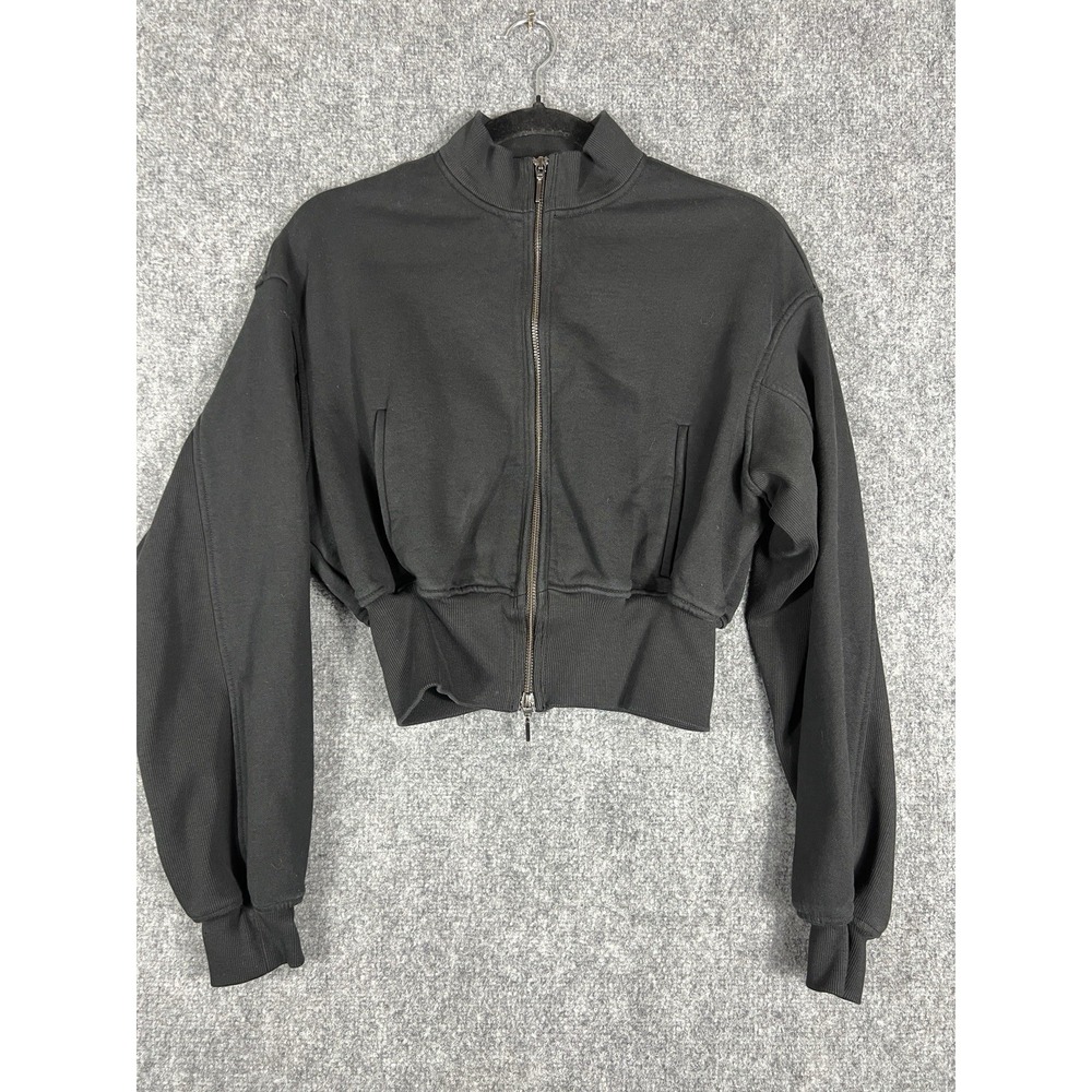 LIT Women's Small Black Cropped Bomber Jacket Zip Front Ribbed Cuffs